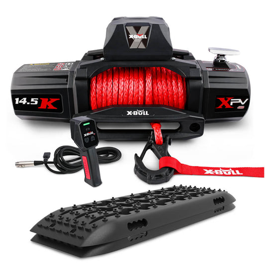 A black X-BULL 12V Electric Winch 14500LBS synthetic rope with Recovery Tracks Gen2.0 Black is shown with a red synthetic rope wound around it. The set includes a wireless remote, a red hook strap attached to the off-road winch, and a black traction board with grip spikes.