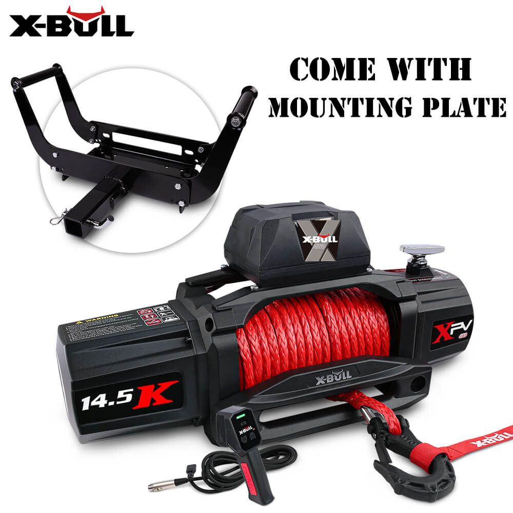 A black X-BULL 12V Electric Winch 14500LBS synthetic rope with winch mounting plate is displayed. It includes a mounting plate and an ergonomic clutch for ease of use. The text "COME WITH MOUNTING PLATE" is visible in the background along with its wireless remote control for added convenience.