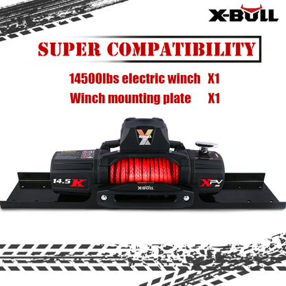 An X-BULL 4x4 Electric Winch 12V 14500LBS synthetic rope with winch mounting plate is displayed with red synthetic rope, mounted on a black winch plate. Text on the image reads "SUPER COMPATIBILITY" and lists "14500lbs electric winch X1" and "Winch mounting plate X1." The X-BULL logo is visible in the top right corner. Wireless remote included for added convenience.