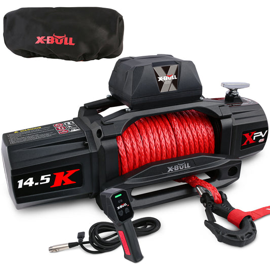 Image of an X-BULL 12V Electric Winch 14500LBS synthetic rope with winch cover. The winch is black with red accents and features a wireless remote control. A black protective cover with the X-BULL logo is shown above the winch.