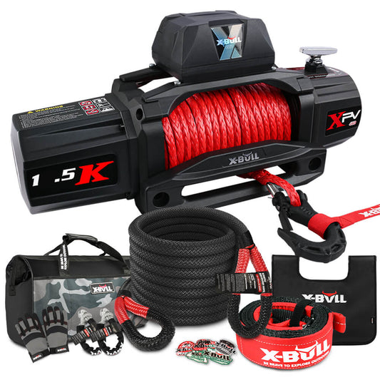 Image of an X-BULL 4WD Recovery Kit Kinetic Recovery Rope With 14500LBS Electric Winch 12V Winch 4WD 4X4 Offroad with red rope, part of a complete recovery kit. Shown with various accessories including two black towing ropes, a black and red towing strap, gloves, a carrying bag, a remote control, and decals. The winch model indicates a capacity of 1.5K.