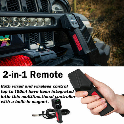 The image showcases a complete X-BULL Electric Winch 12V Synthetic Rope Wireless 14500LB Remote 4X4 4WD Boat kit, featuring the main winch unit with red synthetic rope, a wireless remote control, a fairlead, mounting bolts and nuts, a hook with a red strap, and various installation accessories.