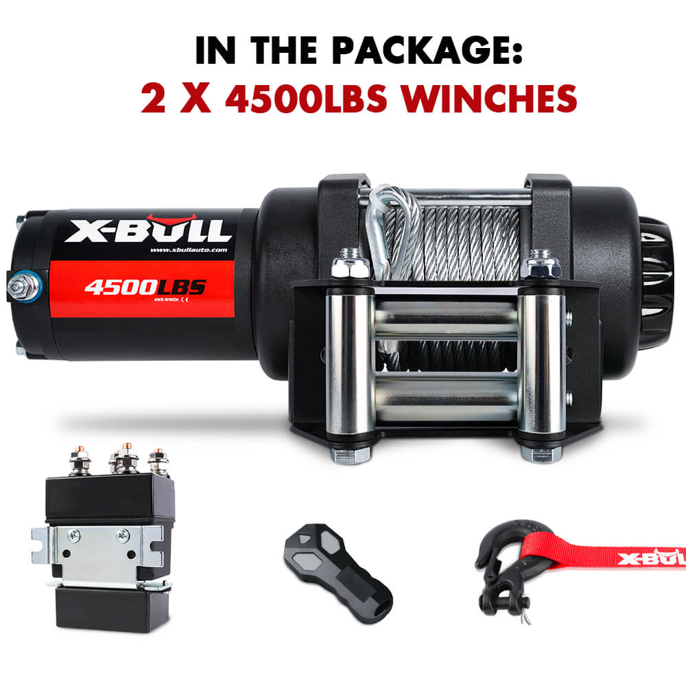 Image showing winch equipment. The primary item is a black X-BULL 12V Electric Winch 4500lbs Steel Wire Cable 12V Boat ATV UTV Trailer Winch with metallic components, a motor, and a cable. Additional parts include a three-stage planetary metal component with electrical connectors, a black hook, and a red strap. Text: "IN THE PACKAGE: 2 X X-BULL 12V ELECTRIC WINCH 4500LBS STEEL WIRE CABLE 12V BOAT ATV UTV TRAILER WINCH."
