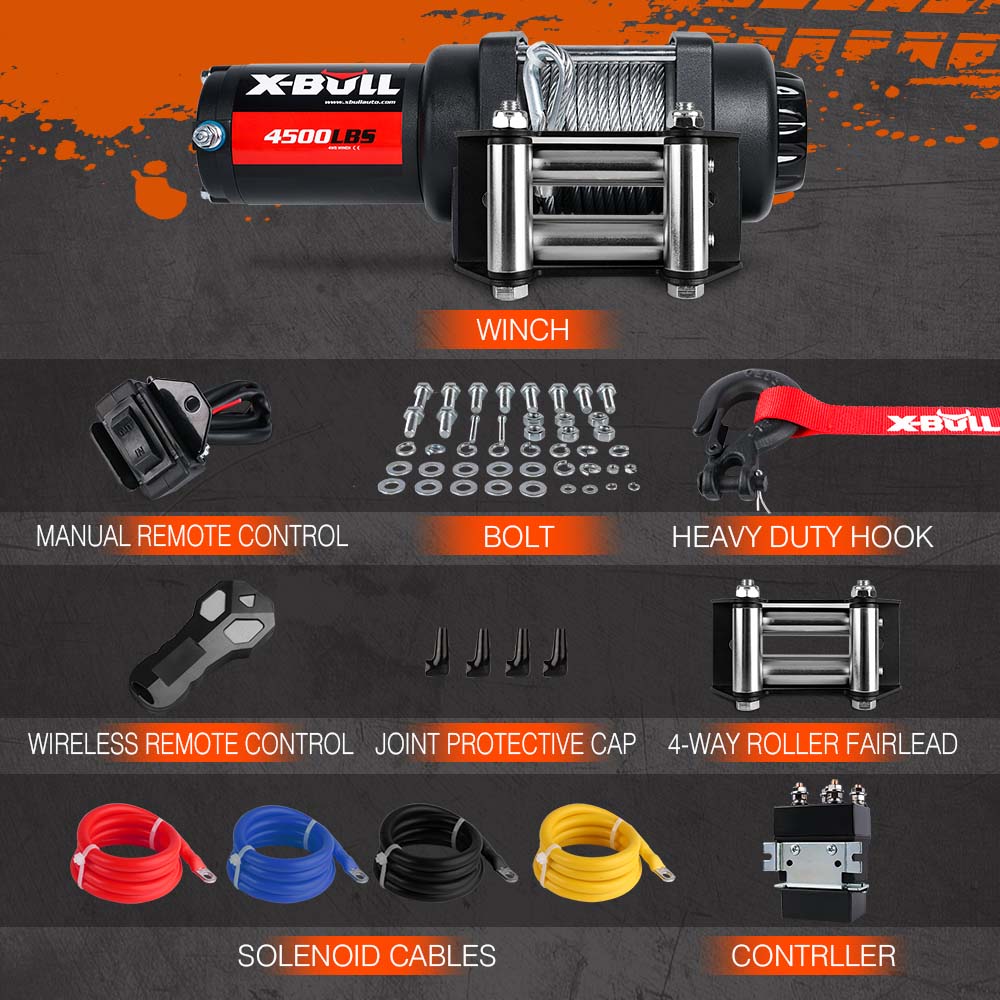 Image showing winch equipment. The primary item is a black X-BULL 12V Electric Winch 4500lbs Steel Wire Cable 12V Boat ATV UTV Trailer Winch with metallic components, a motor, and a cable. Additional parts include a three-stage planetary metal component with electrical connectors, a black hook, and a red strap. Text: "IN THE PACKAGE: 2 X X-BULL 12V ELECTRIC WINCH 4500LBS STEEL WIRE CABLE 12V BOAT ATV UTV TRAILER WINCH."
