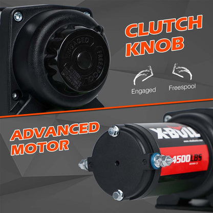 Image showing winch equipment. The primary item is a black X-BULL 12V Electric Winch 4500lbs Steel Wire Cable 12V Boat ATV UTV Trailer Winch with metallic components, a motor, and a cable. Additional parts include a three-stage planetary metal component with electrical connectors, a black hook, and a red strap. Text: "IN THE PACKAGE: 2 X X-BULL 12V ELECTRIC WINCH 4500LBS STEEL WIRE CABLE 12V BOAT ATV UTV TRAILER WINCH."
