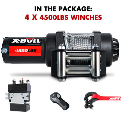 Image showing components of a winch package. Text reads "IN THE PACKAGE: 4 X X-BULL 4500lbs Electric Winch 12V Steel Wire Cable 12V Boat ATV UTV Trailer Winch Units." The package includes a winch with all-steel shell, cable, remote control, hook, and electrical component. The X-BULL winch features a three-stage planetary system and has a label reading "4500 LBS.