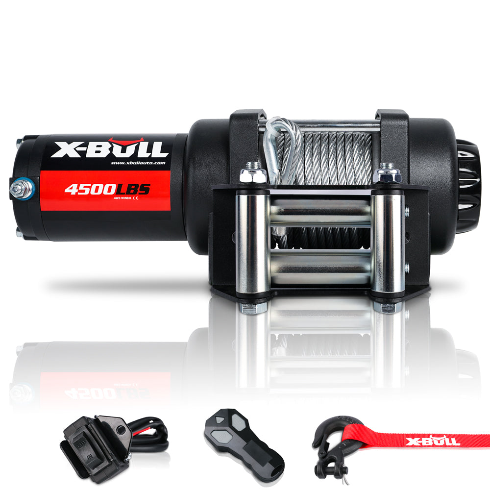 An image showcasing eight different models of X-BULL Electric Winch 12V 4500LBS Steel Cable Wireless remote ATV UTV Boat Trailer—each with varying capacities ranging from 3,000 lbs to 14,500 lbs. The winches, featuring all-steel shells and red cables, include a "1 Year Warranty" label and icons for "AU Stock," "Official Store," and "Top Seller.