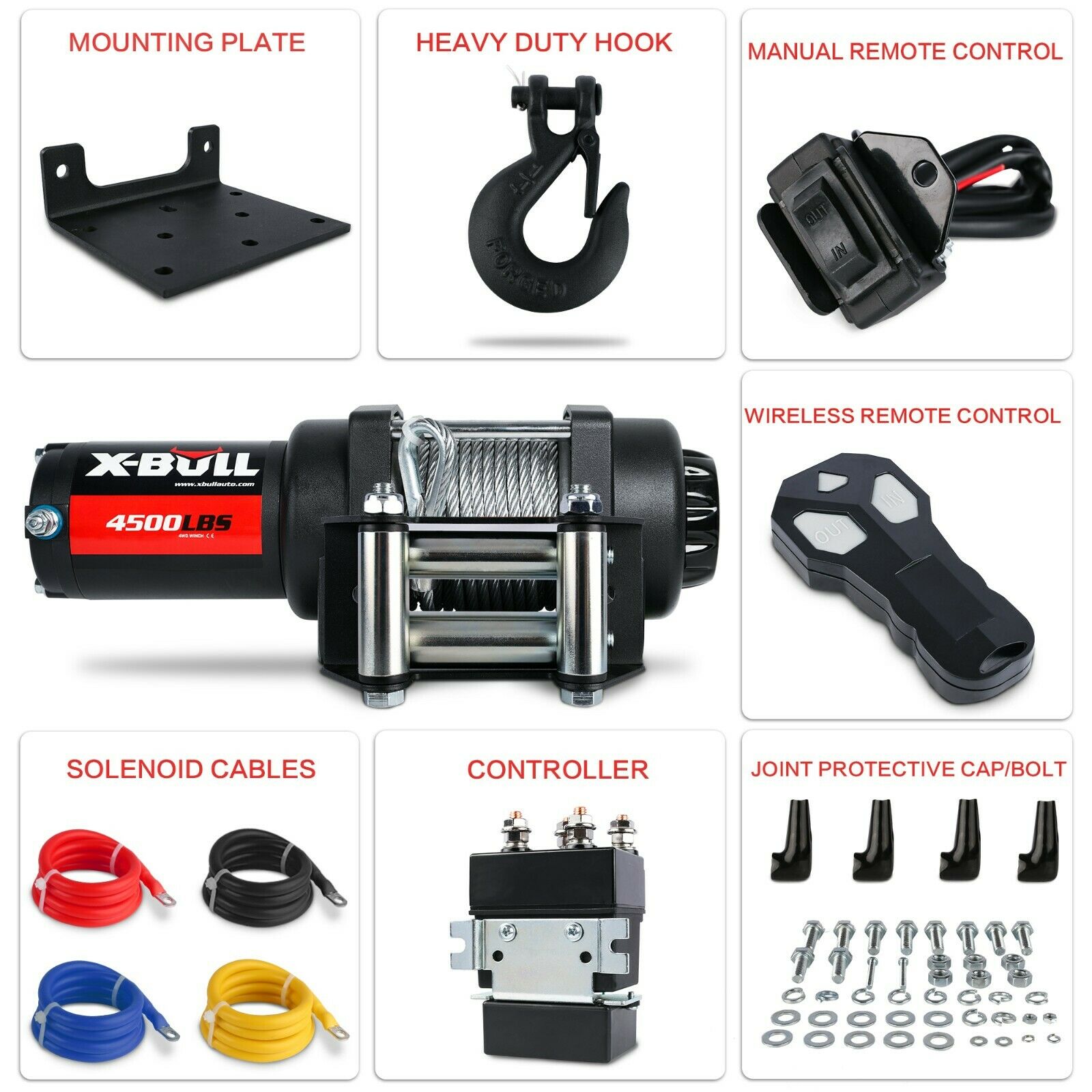 An image showcasing eight different models of X-BULL Electric Winch 12V 4500LBS Steel Cable Wireless remote ATV UTV Boat Trailer—each with varying capacities ranging from 3,000 lbs to 14,500 lbs. The winches, featuring all-steel shells and red cables, include a "1 Year Warranty" label and icons for "AU Stock," "Official Store," and "Top Seller.