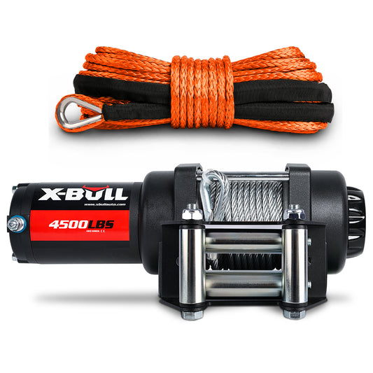 A black X-BULL 12V Electric Winch 4500LB Winch Boat Trailer Steel Cable With 5.5MX13M Synthetic Rope Orange is shown, featuring a synthetic orange rope, a fairlead, and a sturdy hoisting mechanism. Boasting an all-steel shell and a winch solenoid relay, it also includes an additional segment of neatly coiled orange rope placed above the winch.