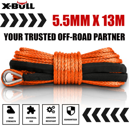 A black X-BULL 12V Electric Winch 4500LB Winch Boat Trailer Steel Cable With 5.5MX13M Synthetic Rope Orange is shown, featuring a synthetic orange rope, a fairlead, and a sturdy hoisting mechanism. Boasting an all-steel shell and a winch solenoid relay, it also includes an additional segment of neatly coiled orange rope placed above the winch.