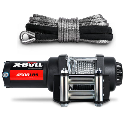 A black and red X-BULL 4500LB Electric Winch 12V Winch Boat Trailer ATV Steel Cable With 5.5MX13M Synthetic Rope Grey, shown with a coiled synthetic rope. The winch features a robust design with an all-steel shell and fairlead, and the rope has a metal loop at the end for secure attachment. The X-BULL logo is prominently displayed on the housing, adding to its rugged appeal.