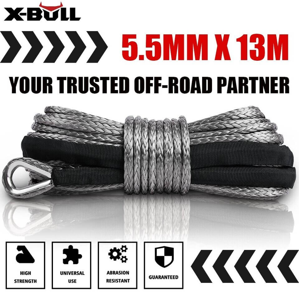 A black and red X-BULL 4500LB Electric Winch 12V Winch Boat Trailer ATV Steel Cable With 5.5MX13M Synthetic Rope Grey, shown with a coiled synthetic rope. The winch features a robust design with an all-steel shell and fairlead, and the rope has a metal loop at the end for secure attachment. The X-BULL logo is prominently displayed on the housing, adding to its rugged appeal.