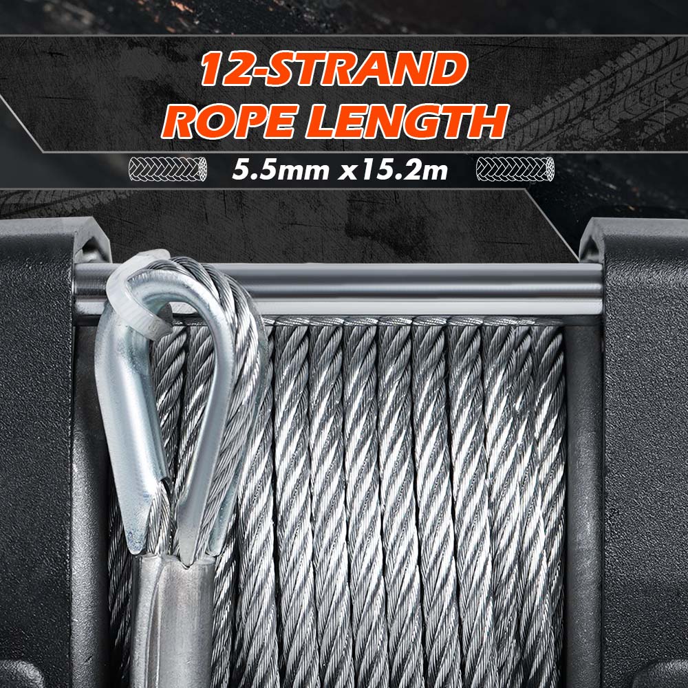 A black and red X-BULL 4500LB Electric Winch 12V Winch Boat Trailer ATV Steel Cable With 5.5MX13M Synthetic Rope Grey, shown with a coiled synthetic rope. The winch features a robust design with an all-steel shell and fairlead, and the rope has a metal loop at the end for secure attachment. The X-BULL logo is prominently displayed on the housing, adding to its rugged appeal.