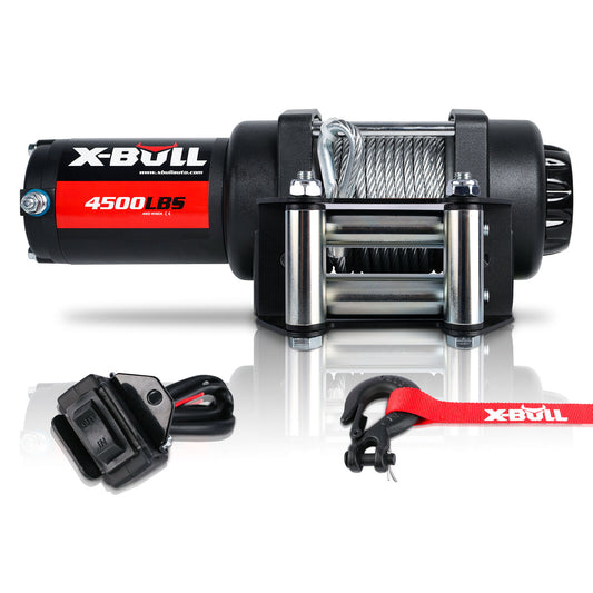 A black and red X-BULL Electric Winch 4500LBS/2041KG Steel Cable Wireless Remote Boat ATV 4WD is displayed against a white background. It has a 4500 lbs capacity as indicated on the label. The winch features pure copper motors, a steel cable wound around the spool, and a control box with a wired remote. A red strap with the X-BULL logo is shown.