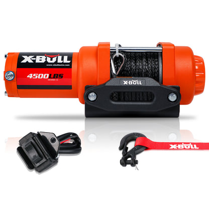 An orange X-BULL Electric Winch 12v Synthetic Rope 4500LBS Wireless Remote ATV UTV 2041KG with a pulling capacity of 4500 lbs, featuring a black synthetic rope and a stainless-steel hook. Its high-efficiency copper motor ensures reliable performance. The control switch comes with attached wiring and is placed nearby, along with a red safety strap labeled "X-BULL.