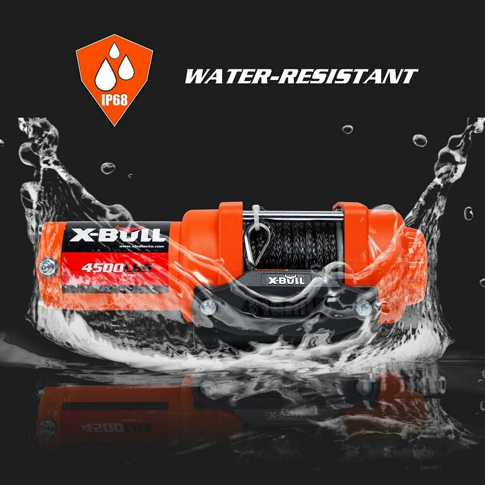 An orange X-BULL Electric Winch 12v Synthetic Rope 4500LBS Wireless Remote ATV UTV 2041KG with a pulling capacity of 4500 lbs, featuring a black synthetic rope and a stainless-steel hook. Its high-efficiency copper motor ensures reliable performance. The control switch comes with attached wiring and is placed nearby, along with a red safety strap labeled "X-BULL.