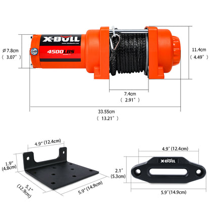 An orange X-BULL Electric Winch 12v Synthetic Rope 4500LBS Wireless Remote ATV UTV 2041KG with a pulling capacity of 4500 lbs, featuring a black synthetic rope and a stainless-steel hook. Its high-efficiency copper motor ensures reliable performance. The control switch comes with attached wiring and is placed nearby, along with a red safety strap labeled "X-BULL.