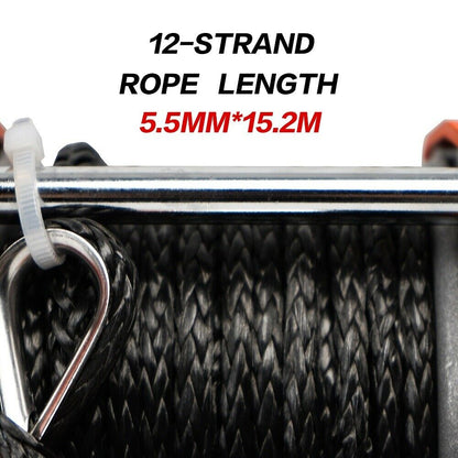 An orange X-BULL Electric Winch 12v Synthetic Rope 4500LBS Wireless Remote ATV UTV 2041KG with a pulling capacity of 4500 lbs, featuring a black synthetic rope and a stainless-steel hook. Its high-efficiency copper motor ensures reliable performance. The control switch comes with attached wiring and is placed nearby, along with a red safety strap labeled "X-BULL.