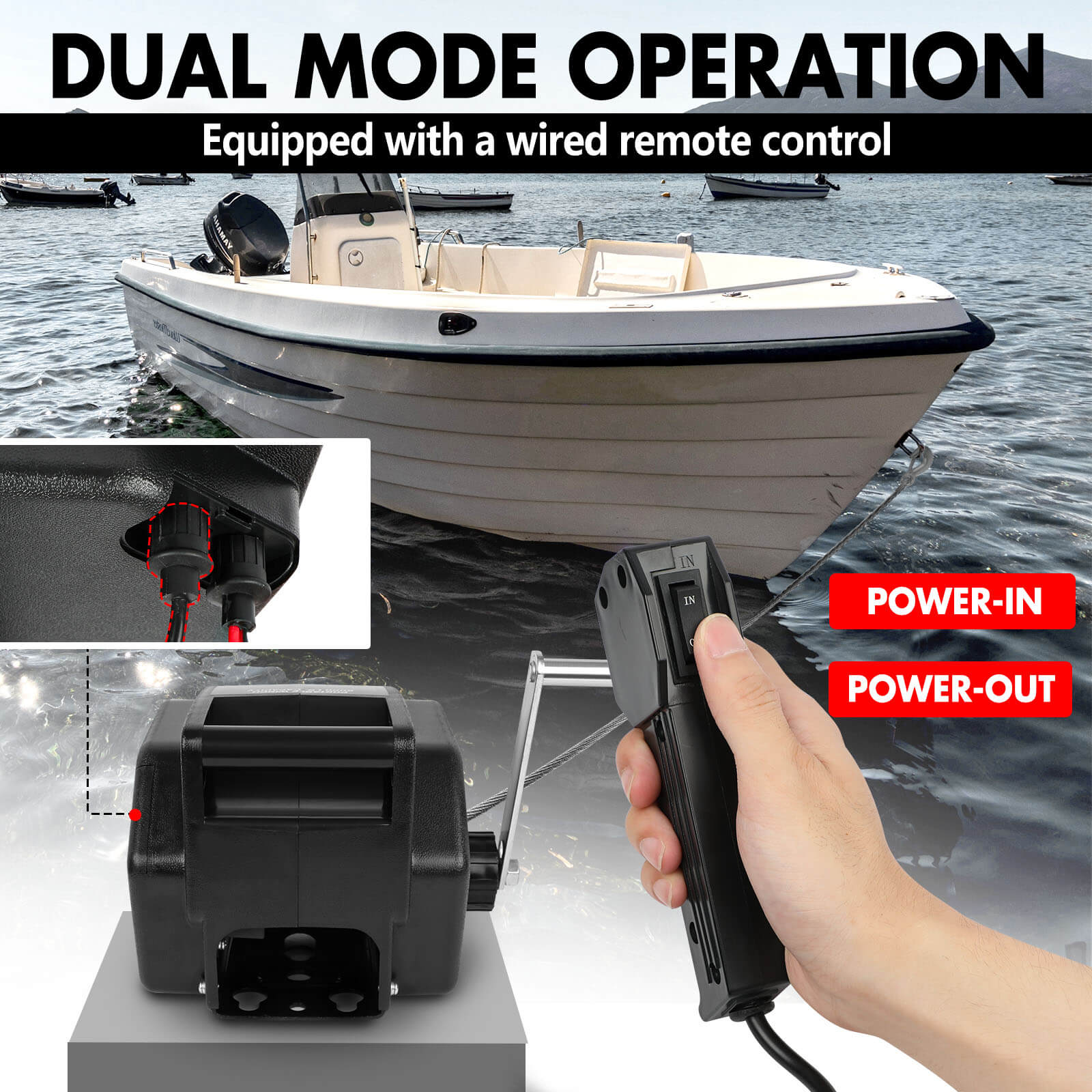 The X-BULL 5000LBS Electric Boat Winch 12V Portable Detachable Marine Ship Trailer Winch with various accessories is displayed on a white background. The winch features a control lever and a metal hook attached to a cable. Accessories include a mounting plate, additional hooks, colored cables, and a remote control unit.