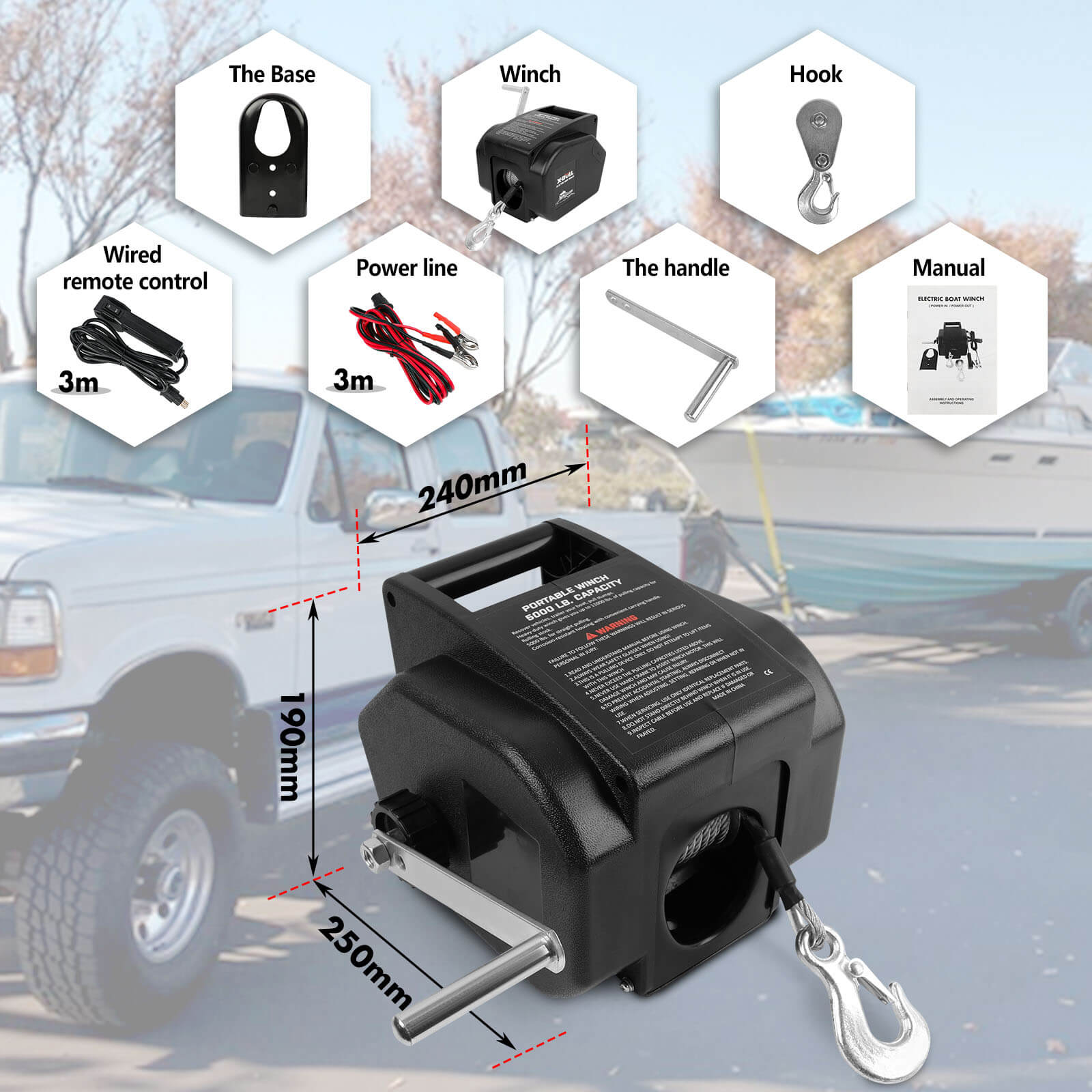 The X-BULL 5000LBS Electric Boat Winch 12V Portable Detachable Marine Ship Trailer Winch with various accessories is displayed on a white background. The winch features a control lever and a metal hook attached to a cable. Accessories include a mounting plate, additional hooks, colored cables, and a remote control unit.