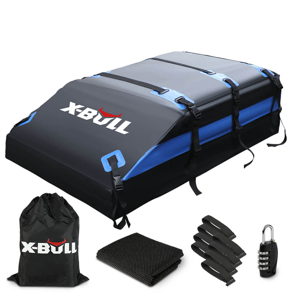 A rooftop cargo carrier bag labeled "X-BULL Waterproof Car Roof Top Rack Carrier Travel Cargo Luggage Cube Bag Trave 425L" in white text with red accents. The black, waterproof rooftop cargo bag features dual seam technology and offers 425L of storage space. It comes with four securing straps, blue edging, a black storage bag, combination lock, anti-slip mat, and three extra securing straps.