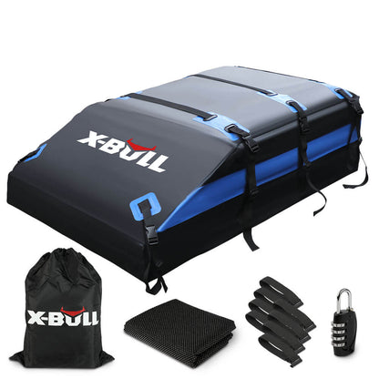 A rooftop cargo carrier bag labeled "X-BULL Waterproof Car Roof Top Rack Carrier Travel Cargo Luggage Cube Bag Trave 425L" in white text with red accents. The black, waterproof rooftop cargo bag features dual seam technology and offers 425L of storage space. It comes with four securing straps, blue edging, a black storage bag, combination lock, anti-slip mat, and three extra securing straps.