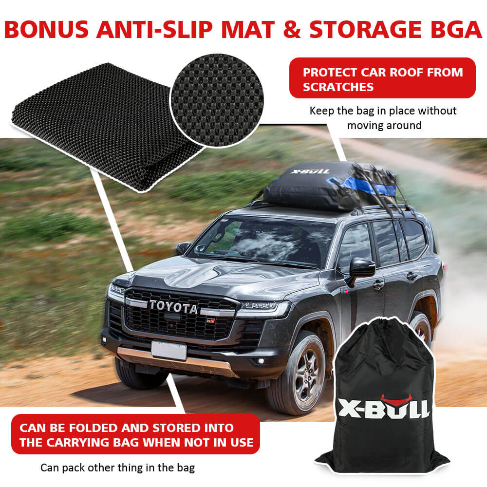 A rooftop cargo carrier bag labeled "X-BULL Waterproof Car Roof Top Rack Carrier Travel Cargo Luggage Cube Bag Trave 425L" in white text with red accents. The black, waterproof rooftop cargo bag features dual seam technology and offers 425L of storage space. It comes with four securing straps, blue edging, a black storage bag, combination lock, anti-slip mat, and three extra securing straps.