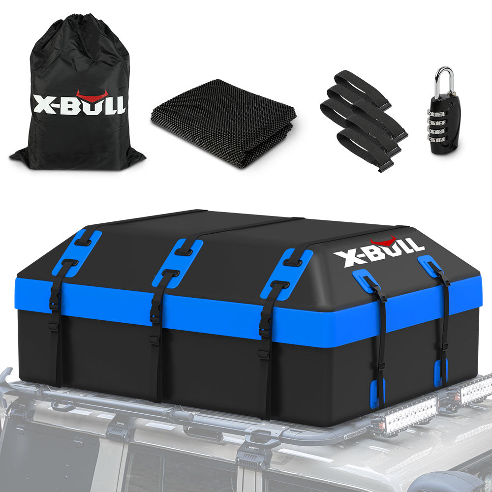 A black and blue X-BULL Car Roof Cargo Bag Rooftop Cargo Carrier 100% Waterproof Top Luggage Bag for All Vehicles with the "X-BULL" logo displayed on a vehicle roof rack. Featuring a large capacity, it includes a black storage bag made from durable 900D PVC fabric, cargo net, straps, and a combination padlock for secure organization. The waterproof zipper ensures contents stay dry.