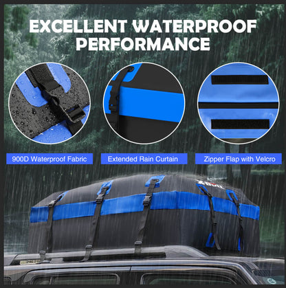 A black and blue X-BULL Car Roof Cargo Bag Rooftop Cargo Carrier 100% Waterproof Top Luggage Bag for All Vehicles with the "X-BULL" logo displayed on a vehicle roof rack. Featuring a large capacity, it includes a black storage bag made from durable 900D PVC fabric, cargo net, straps, and a combination padlock for secure organization. The waterproof zipper ensures contents stay dry.