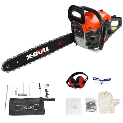 An orange and black X-BULL Chainsaw Petrol Commercial 62cc 20" Bar E-Start Tree Pruning Top Handle, with high-power cutting capabilities and an anti-vibration system. Accessories include safety earmuffs, safety glasses, work gloves, toolkit items, a spare chain, a file, a user manual, and a carrying bag labeled "TOOLKIT." All items are neatly arranged.