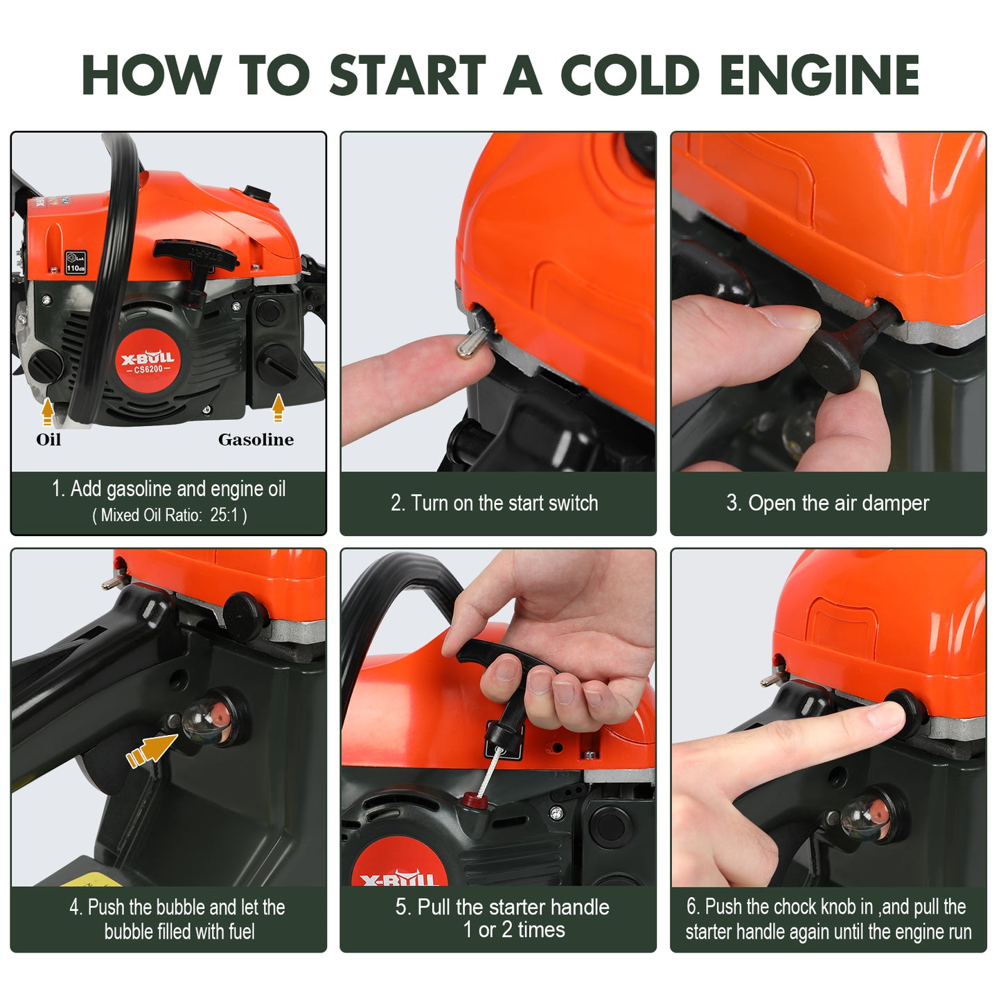 An orange and black X-BULL Chainsaw Petrol Commercial 62cc 20" Bar E-Start Tree Pruning Top Handle, with high-power cutting capabilities and an anti-vibration system. Accessories include safety earmuffs, safety glasses, work gloves, toolkit items, a spare chain, a file, a user manual, and a carrying bag labeled "TOOLKIT." All items are neatly arranged.