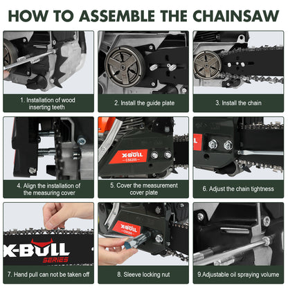 An orange and black X-BULL Chainsaw Petrol Commercial 62cc 20" Bar E-Start Tree Pruning Top Handle, with high-power cutting capabilities and an anti-vibration system. Accessories include safety earmuffs, safety glasses, work gloves, toolkit items, a spare chain, a file, a user manual, and a carrying bag labeled "TOOLKIT." All items are neatly arranged.