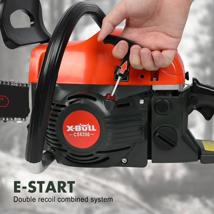 An orange and black X-BULL Chainsaw Petrol Commercial 62cc 20" Bar E-Start Tree Pruning Top Handle, with high-power cutting capabilities and an anti-vibration system. Accessories include safety earmuffs, safety glasses, work gloves, toolkit items, a spare chain, a file, a user manual, and a carrying bag labeled "TOOLKIT." All items are neatly arranged.