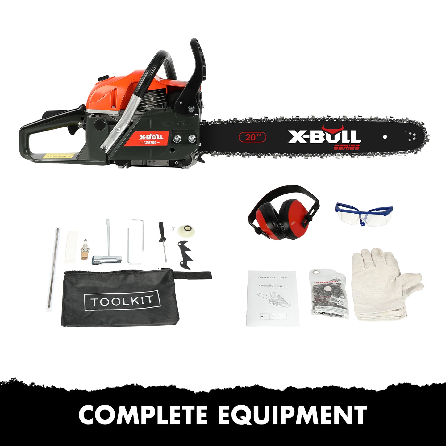 A set of chainsaw equipment featuring a high-speed cutting X-BULL Petrol Chainsaws Commercial 20" Bar 62cc E-Start Tree Pruning Top Handle with a 20-inch bar, anti-vibration system, toolkit, ear protection, safety glasses, gloves, chain oil and various small tools and accessories. The text "COMPLETE EQUIPMENT" is displayed below.