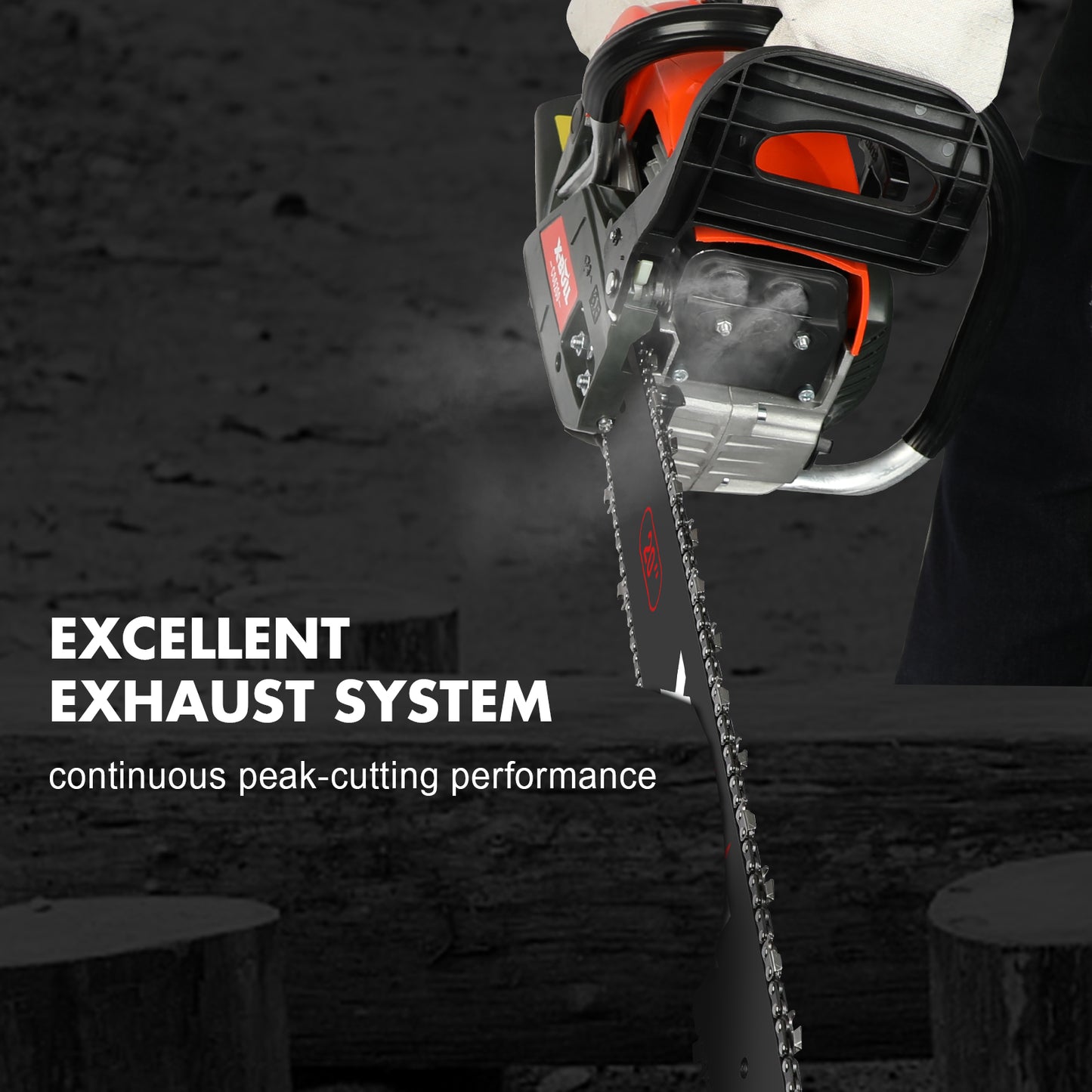 A set of chainsaw equipment featuring a high-speed cutting X-BULL Petrol Chainsaws Commercial 20" Bar 62cc E-Start Tree Pruning Top Handle with a 20-inch bar, anti-vibration system, toolkit, ear protection, safety glasses, gloves, chain oil and various small tools and accessories. The text "COMPLETE EQUIPMENT" is displayed below.