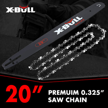 Image of an X-BULL 20'' Chainsaw Bar and Chain 0 .325 Pitch Gauge 76 Link Universal displayed against a dark, industrial background. The text on the image indicates the saw chain's specifications: "Premium 0.325". Ideal for professional wood cutters, the brand and product information is prominently featured.