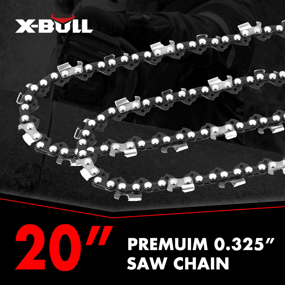 Image of an X-BULL 20'' Chainsaw Bar and Chain 0 .325 Pitch Gauge 76 Link Universal displayed against a dark, industrial background. The text on the image indicates the saw chain's specifications: "Premium 0.325". Ideal for professional wood cutters, the brand and product information is prominently featured.