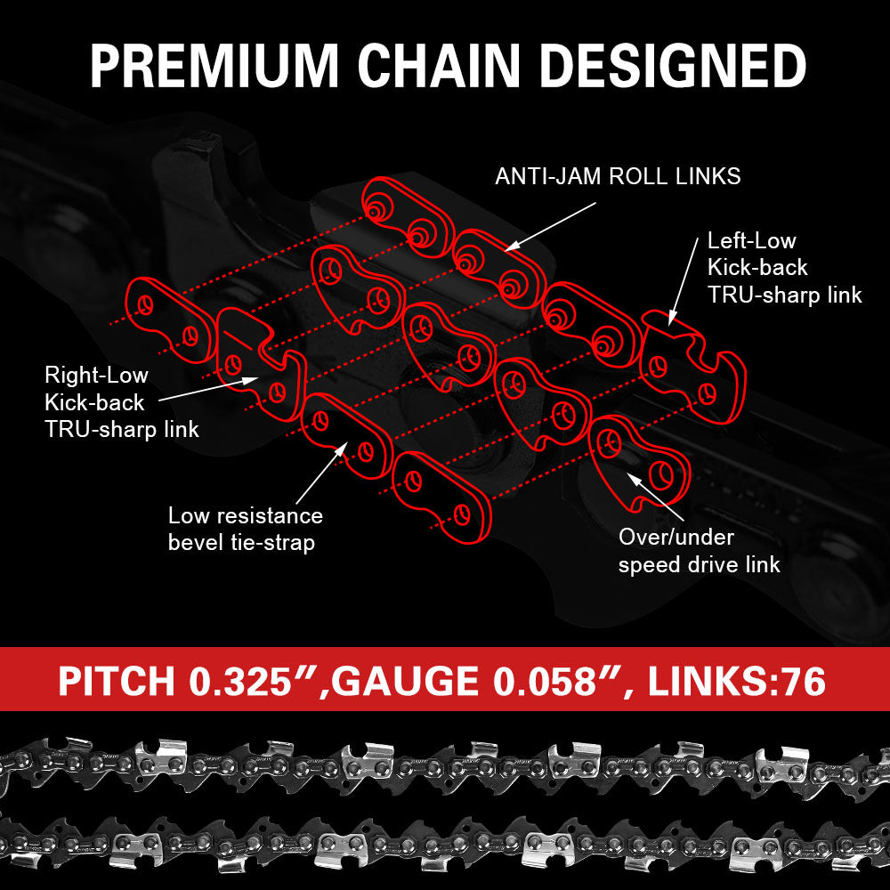 Image of an X-BULL 20'' Chainsaw Bar and Chain 0 .325 Pitch Gauge 76 Link Universal displayed against a dark, industrial background. The text on the image indicates the saw chain's specifications: "Premium 0.325". Ideal for professional wood cutters, the brand and product information is prominently featured.