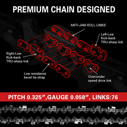 Image of an X-BULL 20'' Chainsaw Bar and Chain 0 .325 Pitch Gauge 76 Link Universal displayed against a dark, industrial background. The text on the image indicates the saw chain's specifications: "Premium 0.325". Ideal for professional wood cutters, the brand and product information is prominently featured.