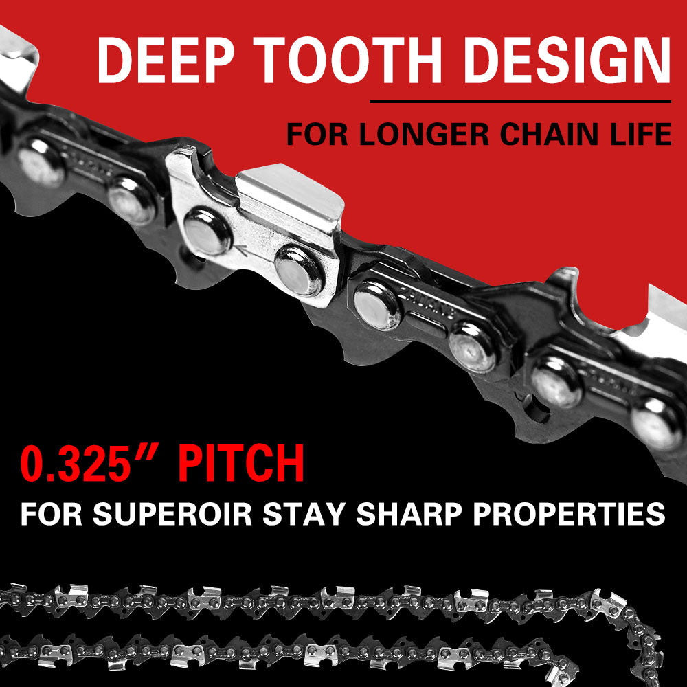 Image of an X-BULL 20'' Chainsaw Bar and Chain 0 .325 Pitch Gauge 76 Link Universal displayed against a dark, industrial background. The text on the image indicates the saw chain's specifications: "Premium 0.325". Ideal for professional wood cutters, the brand and product information is prominently featured.