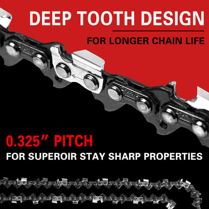 Image of an X-BULL 20'' Chainsaw Bar and Chain 0 .325 Pitch Gauge 76 Link Universal displayed against a dark, industrial background. The text on the image indicates the saw chain's specifications: "Premium 0.325". Ideal for professional wood cutters, the brand and product information is prominently featured.