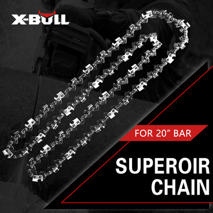 Image of an X-BULL 20'' Chainsaw Bar and Chain 0 .325 Pitch Gauge 76 Link Universal displayed against a dark, industrial background. The text on the image indicates the saw chain's specifications: "Premium 0.325". Ideal for professional wood cutters, the brand and product information is prominently featured.