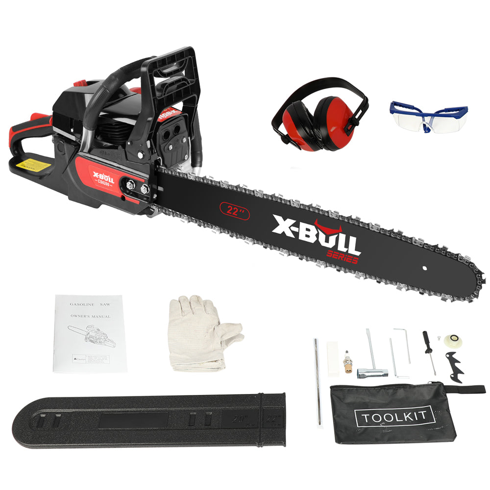 A chainsaw set includes a red and black X-BULL 62cc Chainsaw Petrol Commercial 22" Bar E-Start Tree Pruning Top Handle, ear protection, safety glasses, a bar cover, instruction manuals, gloves, a toolkit, and various accessories like a fuel bottle and chain adjuster. The 22” chainsaw bar features an anti-vibration system for smoother operation.