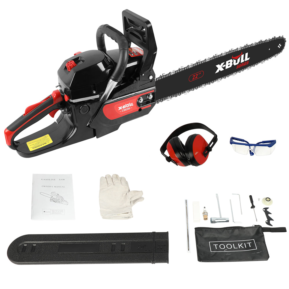 Image of a chainsaw set featuring the X-BULL Petrol Chainsaw Commercial 62CC 22" Bar E-Start Tree Pruning Top Handle with a protective blade cover, designed for high-speed cutting. Also included are ear protection headphones, safety glasses, gloves, a toolkit, a small container, wrench, and user manual. Various accessories are neatly arranged around the chainsaw.