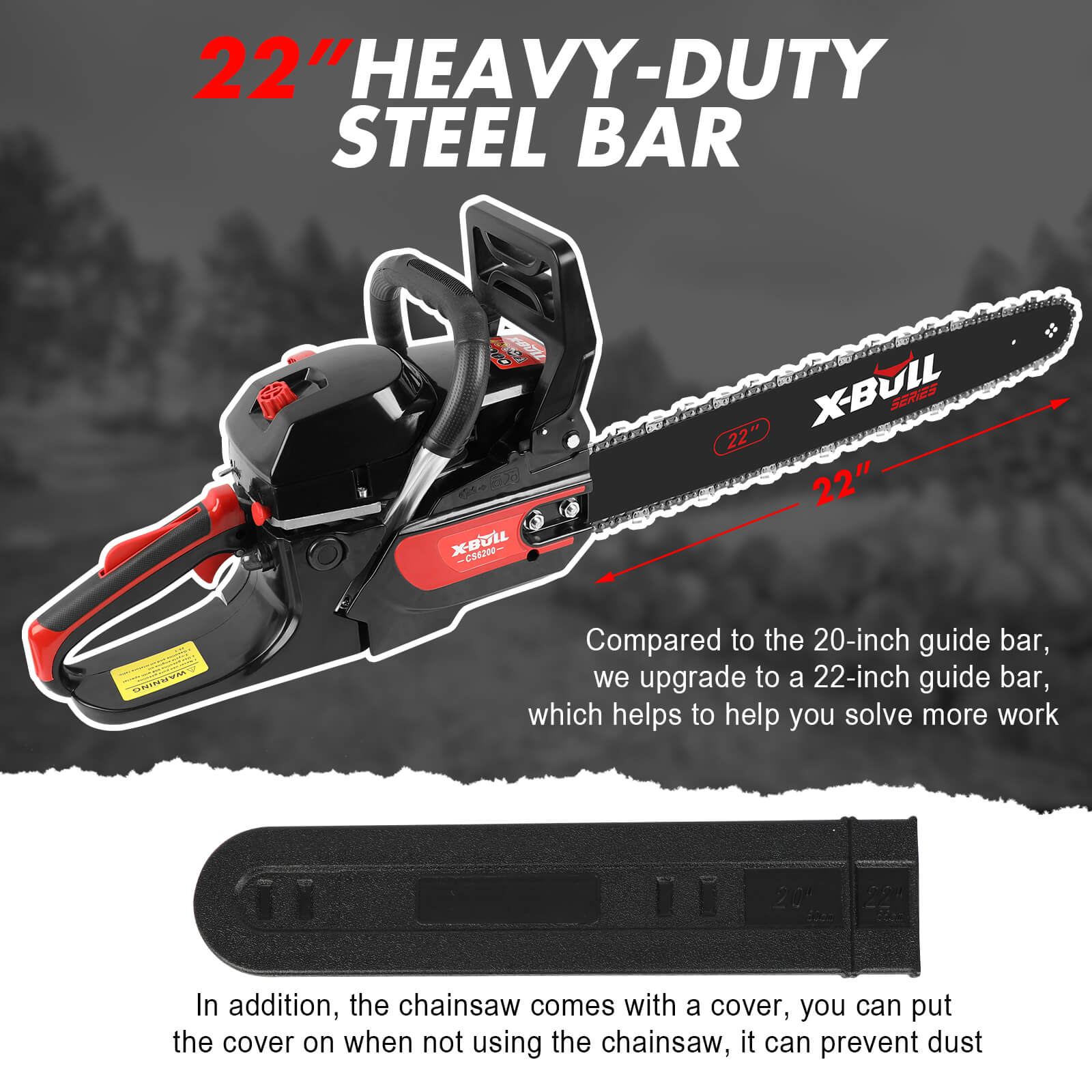 Image of a chainsaw set featuring the X-BULL Petrol Chainsaw Commercial 62CC 22" Bar E-Start Tree Pruning Top Handle with a protective blade cover, designed for high-speed cutting. Also included are ear protection headphones, safety glasses, gloves, a toolkit, a small container, wrench, and user manual. Various accessories are neatly arranged around the chainsaw.