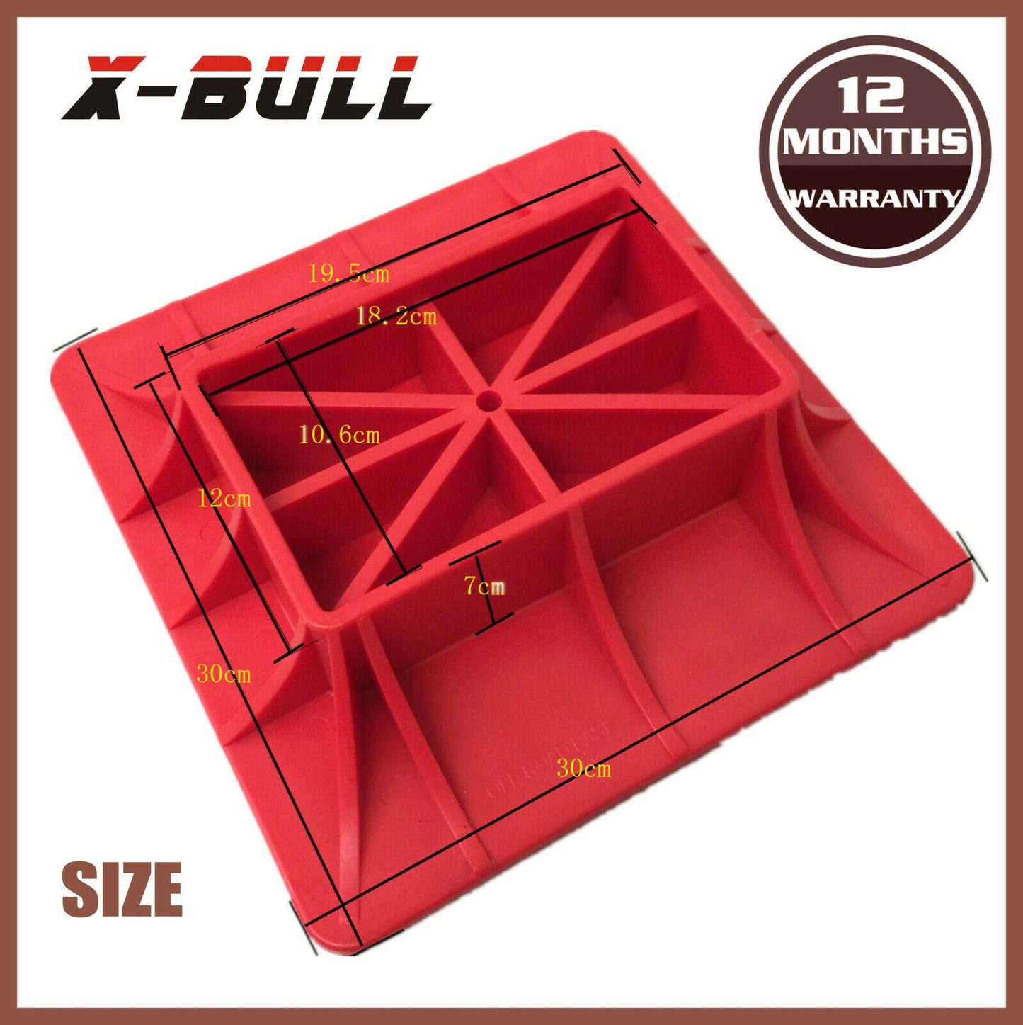 A red plastic square X-BULL Hi Lift Jack Base Plate for Mud & Sand Recovery High Farm Jack 4X4 4WD with a hollow center and multiple support ribs. The item, crafted from high quality polymer, is placed on a white background, showcasing its geometric design and even structure.