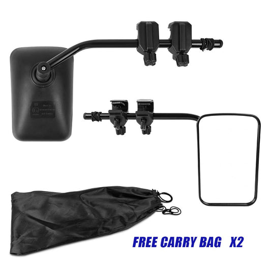 Two X-BULL Towing Mirrors Universal Multi Fit Clamp On 4X4 Caravan Trailer A Pair with adjustable clips and a universal fit are shown. One mirror is square, the other rectangular. A black carrying bag is placed beside the mirrors. The text "FREE CARRY BAG X2" is printed in blue at the bottom right corner.