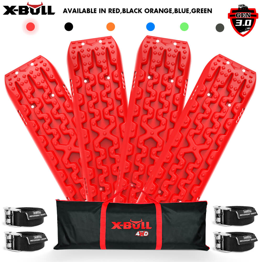 Image showing four **X-BULL Recovery Tracks Gen 3.0 Sand Track Mud Snow 10T 2 Pairs 4PC 4WD 4X4 Red** arranged in a fan formation, designed for 4WD off-road vehicles. Packaging includes a black and red carry bag and two black tie-down straps. Available colors are red, black, orange, blue, and green. Perfect tire traction solution for any terrain adventure.
