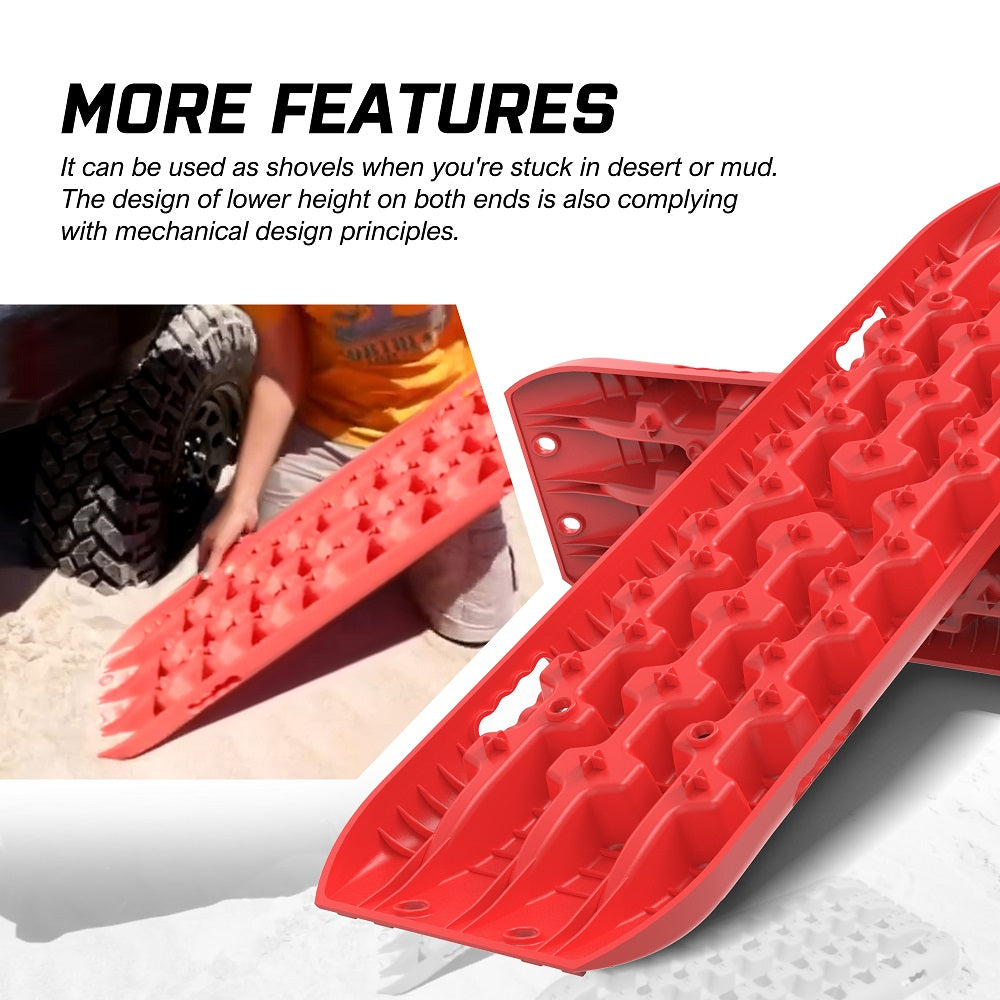 Image showing four **X-BULL Recovery Tracks Gen 3.0 Sand Track Mud Snow 10T 2 Pairs 4PC 4WD 4X4 Red** arranged in a fan formation, designed for 4WD off-road vehicles. Packaging includes a black and red carry bag and two black tie-down straps. Available colors are red, black, orange, blue, and green. Perfect tire traction solution for any terrain adventure.
