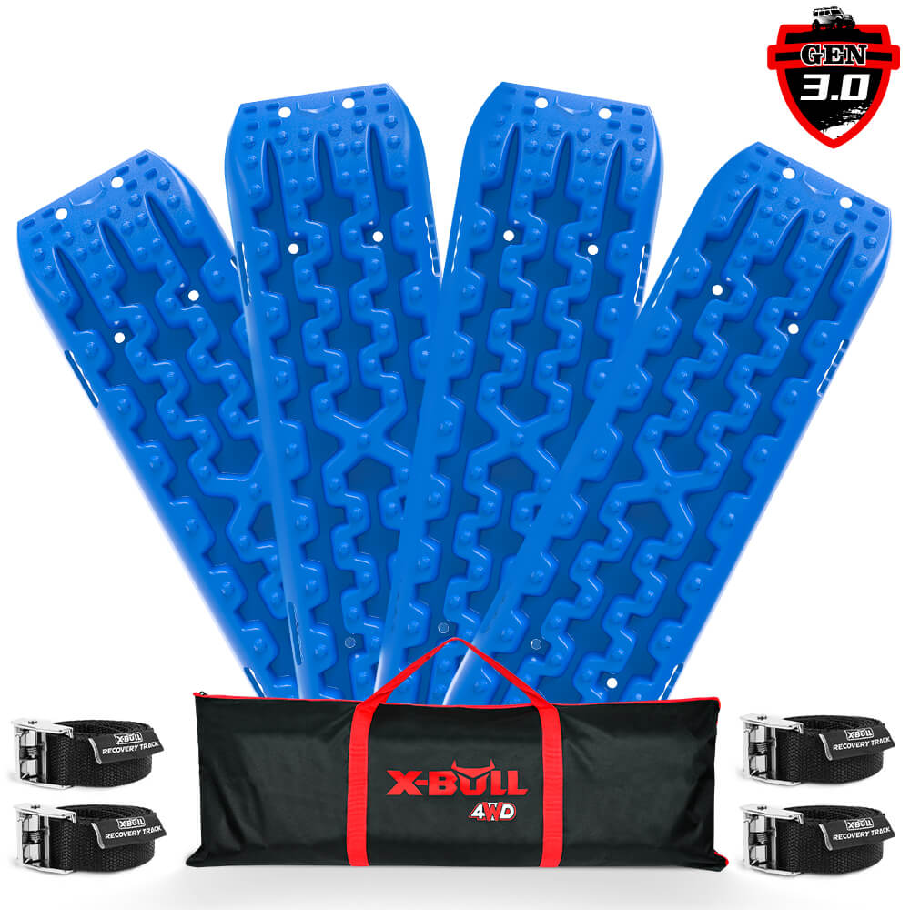 The image displays four blue X-BULL Recovery Tracks Gen 3.0 Sand Track Mud Snow 10T 2 Pairs 4PC 4WD 4X4 Blue, ideal recovery tracks for stuck tires. Each board has numerous traction nodes and patterns. Included are two black straps and a black carrying bag with red accents and the X-BULL 4WD logo. A "GEN 3.0" badge is visible at the top right.
